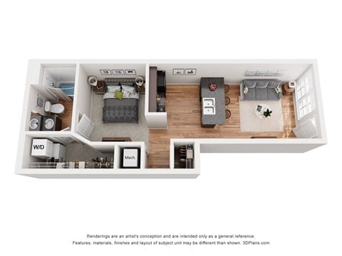 Floor plan for studio, 1 bath, 525 sqft